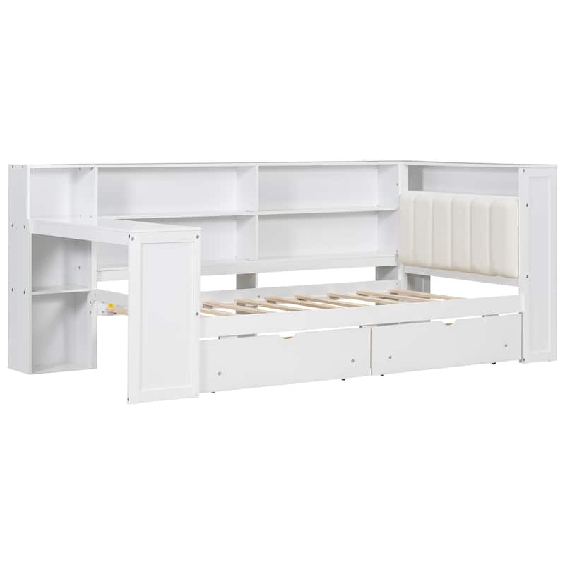 Wood Daybed Platform Bed Multifunctional Bed Frame with Charging Station and LED Light, Upholstered Headboard, Storage Shelves
