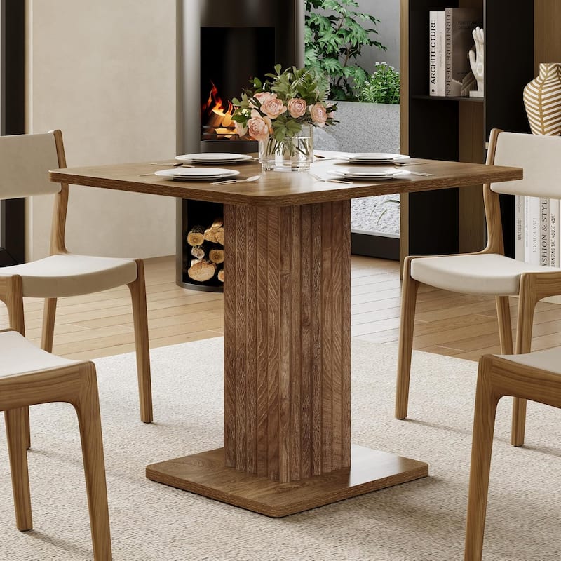 Wood Dining Table for 2-4 People with Fluted Base, Farmhouse Dinner Table for Dining Room