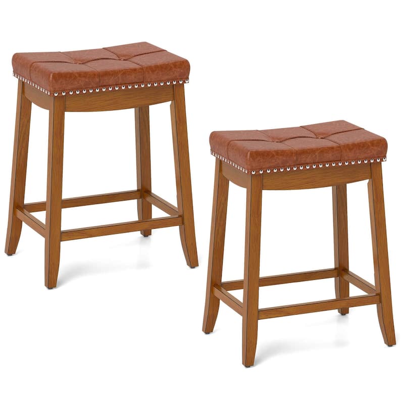 2/4PCS Saddle Bar Stools Mid-Century Wood Backless Bar Chairs - Set of 2 - Counter Height