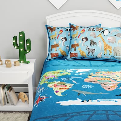 World Map 3 Piece Quilt Set-Twin XL Bedding & 2 Pillow Shams by Hastings Home
