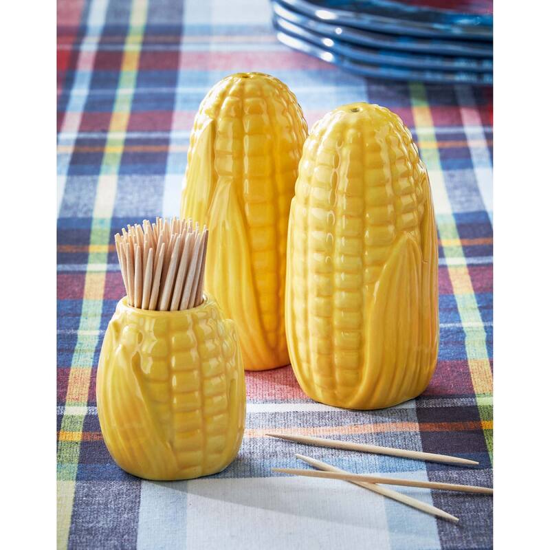 Corn on Cobb Shaped Ceramic Salt and Pepper Shakers, 1.5L x1.5W x 3.5H
