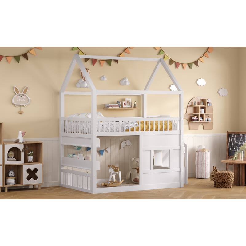 Roomfitters Full Size Wood House Loft Bed with Storage Stairs and Built-in Shelving, Modern Space-Saving Sleep Space