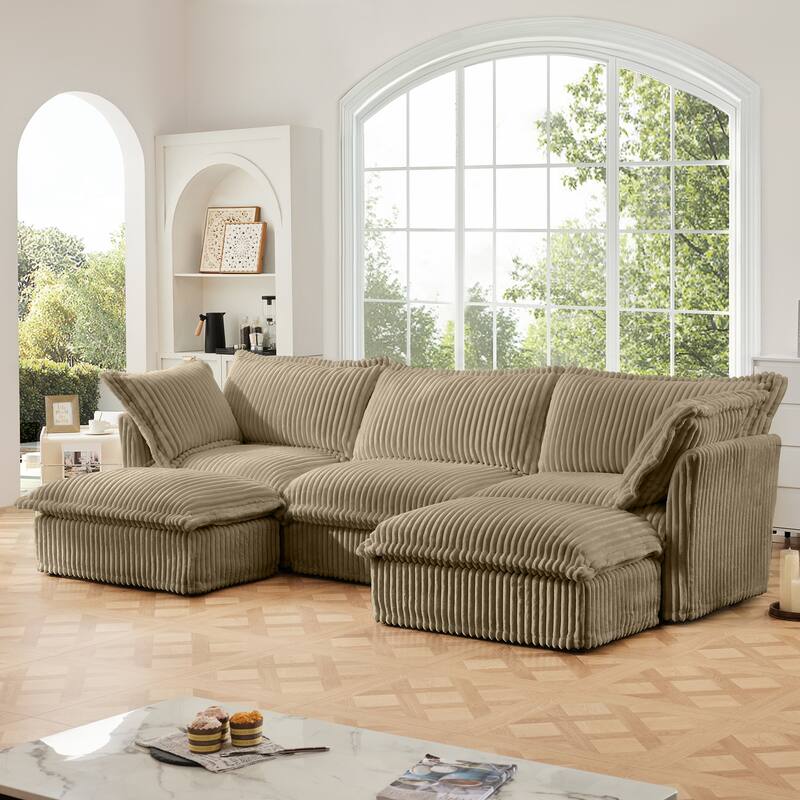 120" U-Shaped Corduroy Sectional Sofa with Slipcover & Cloud Cushions