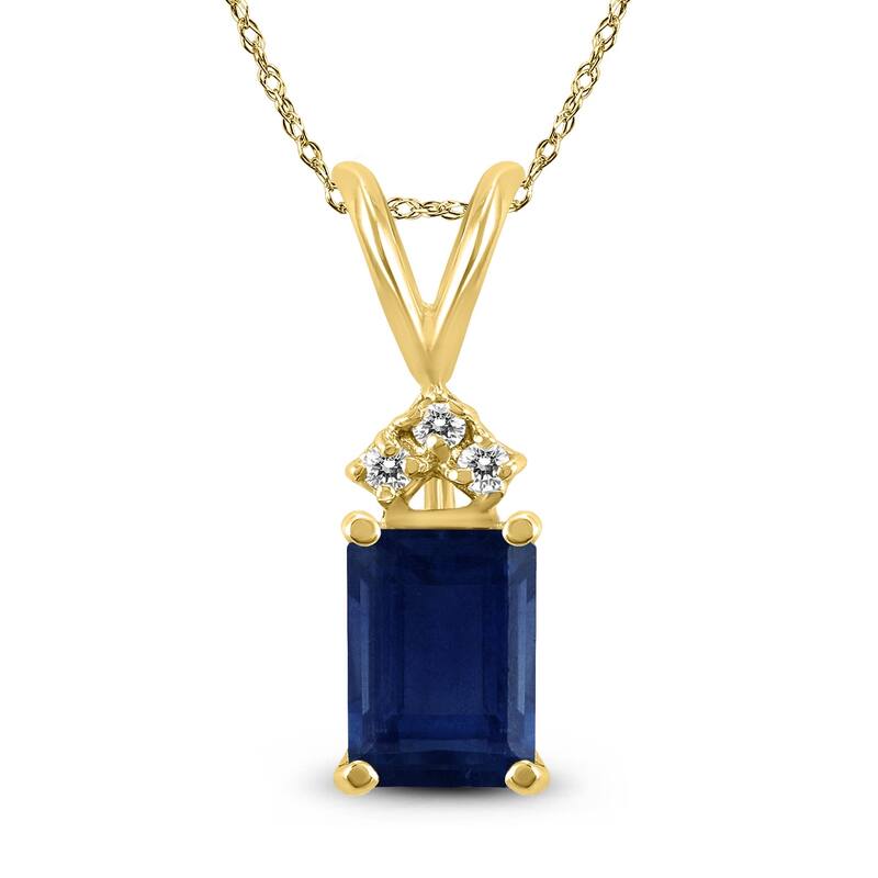Marquee 14K Yellow Gold 6x4MM Emerald Shaped Sapphire and Diamond Pendant