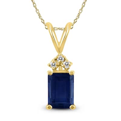 Marquee 14K Yellow Gold 6x4MM Emerald Shaped Sapphire and Diamond Pendant