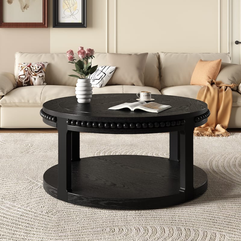 Roomfitters 31.5" Round Solid Wood Coffee Table, 2 Tier Thickened Center Table for Living Room