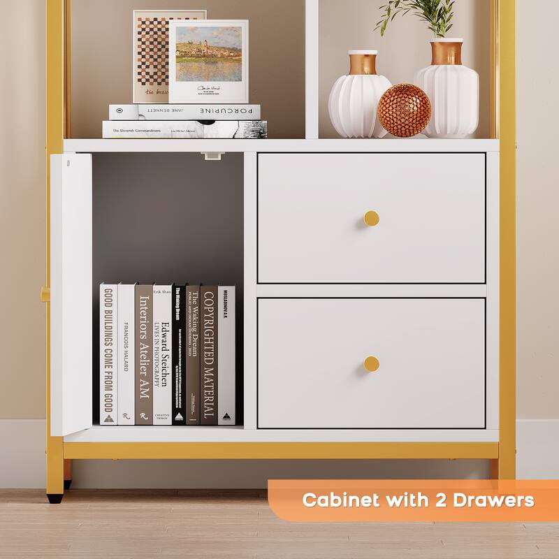 Gold Bookshelf with Drawers Modern Bookcase Storage Rack