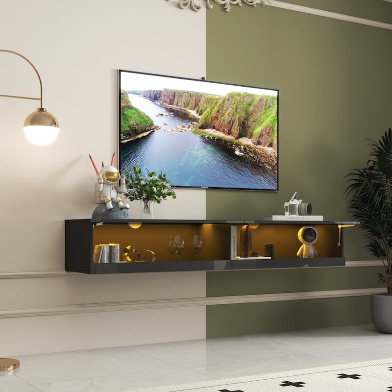 ​​Modern Floating TV Stand with 20 Color LEDs and 2 Storage Shelf Capacity for Living Room Bedroom and Office​