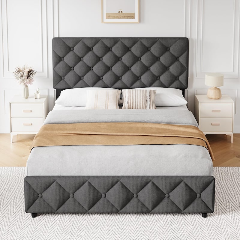 Full Size Bed Frame with 4 Storage Drawers and Headboard, Linen Upholstered Platform Bed Frame