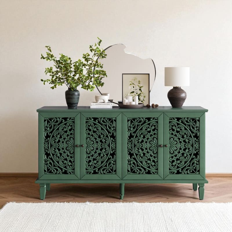60" Antique Buffet Sideboard with Floral Carvings, Solid Wood Legs, Brass Handles & Adjustable Shelves, TV Stand up to 65" - Antique Green