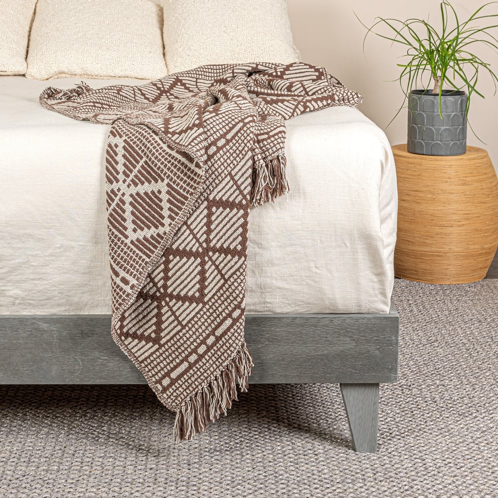 Soft Cotton Blend Throw with Diamond Pattern and Fringe