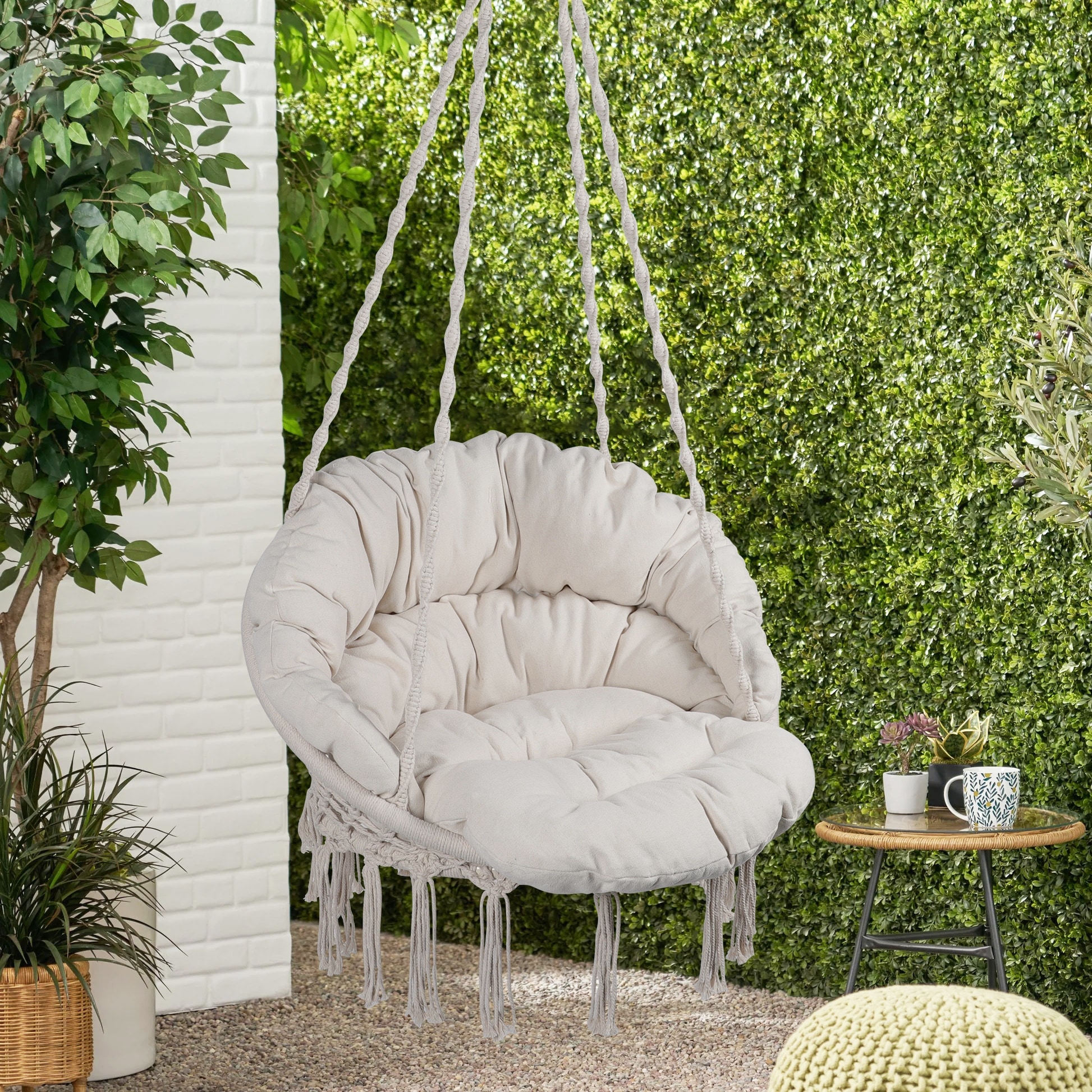 Bohemian Macrame Swing Chair Indoor Outdoor Hanging Cotton Rope Hammock with Cushion Max 330 lbs Capacity Beige