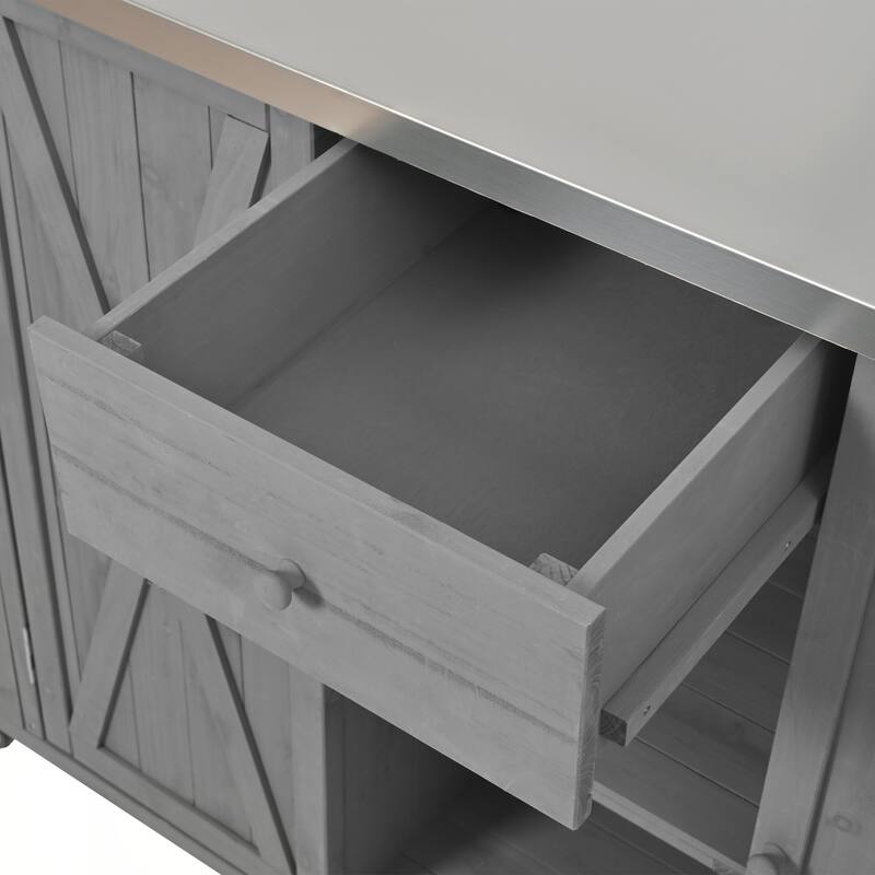 Outdoor Kitchen Island Fir Wood Kitchen Island with Stainless Steel Top, Ample Storage Space, Towel and Spice Racks