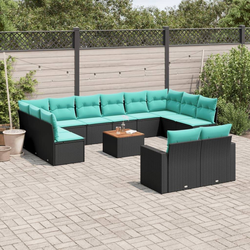 vidaXL 13 Piece Patio Sofa Set with Cushions Black Poly Rattan - 24.4 x 24.4 x 27.2