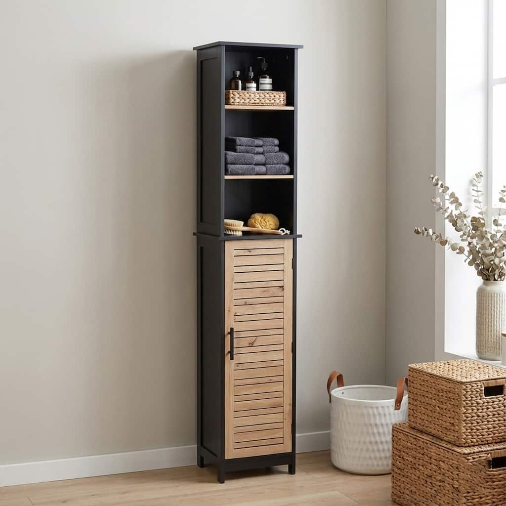 Tall Bathroom Storage Cabinet with Open Shelves and Vented Door, Black and Brown - Bergen Collection - 12 7/8"L x 10.4"W x 68"H