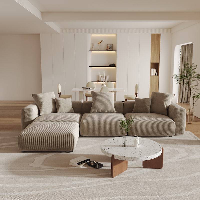 141.73 " Corduroy Large Reversible Modular Sectional Sofa L-Shape Couch with Otoman and Pillow - light brown