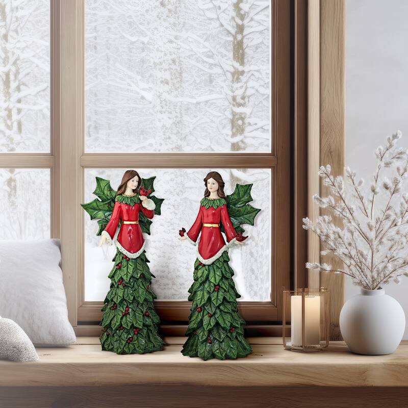 14" Resin Holly Angel Set of 2