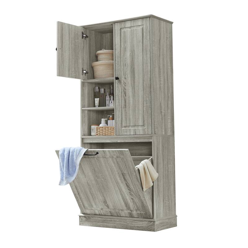 Roomfitters 67" Tall Storage Cabinet with Flip-Out Basket & Adjustable Shelves, MDF Linen Tower for Bathroom & Office
