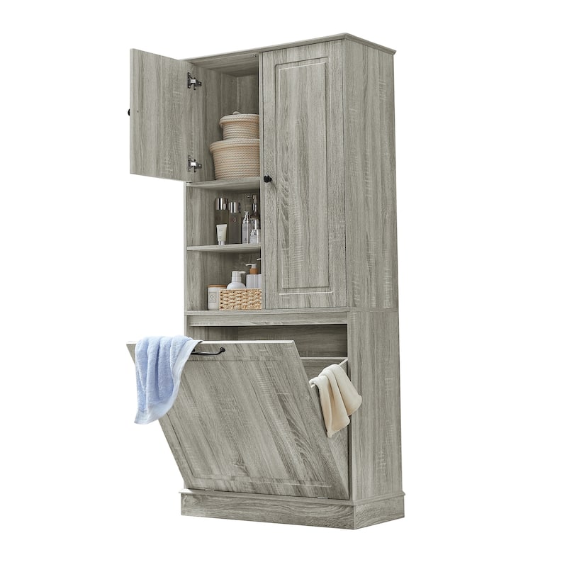Storage Cabinet with Flip-Out Basket, Bathroom Cabinet with 2 Doors & Adjustable Shelves, Freestanding Floor Cabinet