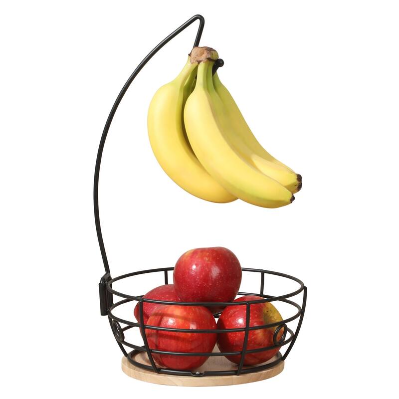 Gibson Home Fruit Basket Bowl with Banana Hanger - Black Metal Wire & Rubberwood Base - Countertop Produce Stand for Fruits
