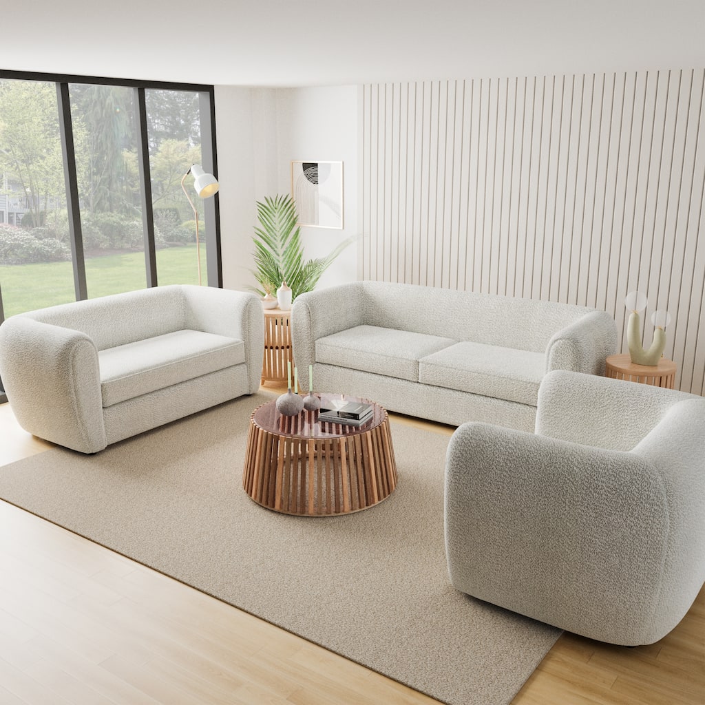 Furniture of America Vanessa Modern Curved Arms Boucle Sofa Set with Seat Cushion and Wooden Legs, 2-Piece or 3-Piece Options