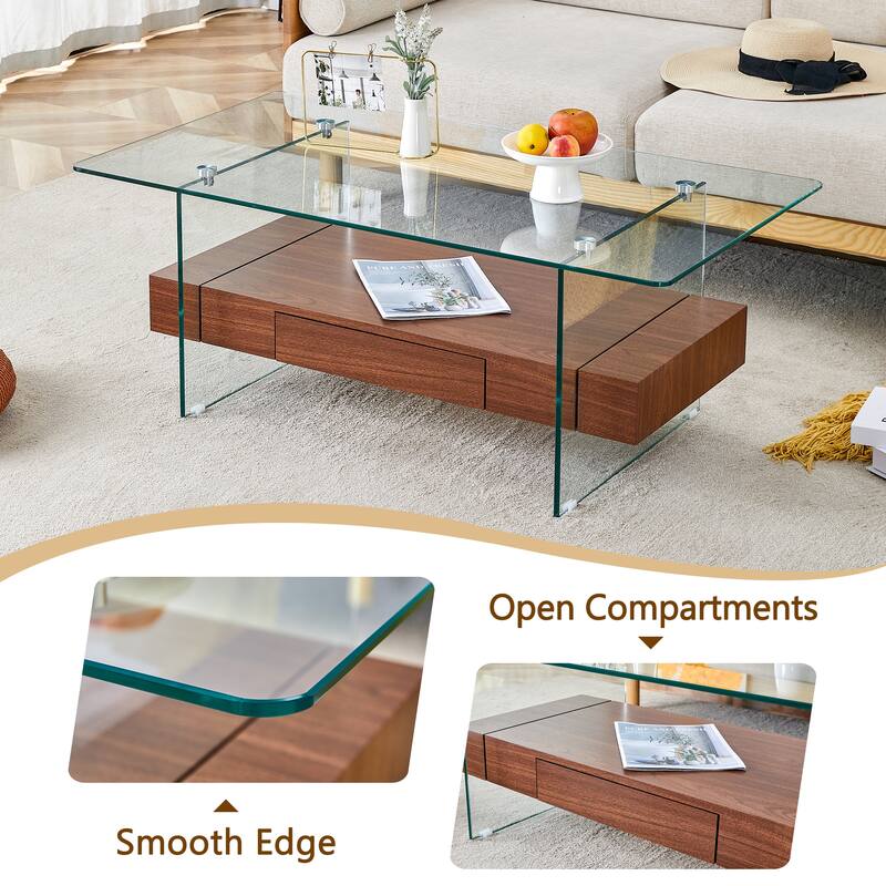 43.3 Inch Double Layer Coffee Table Storage Side Table with Open Storage Shelves, Drawers Glass Center Table End Table