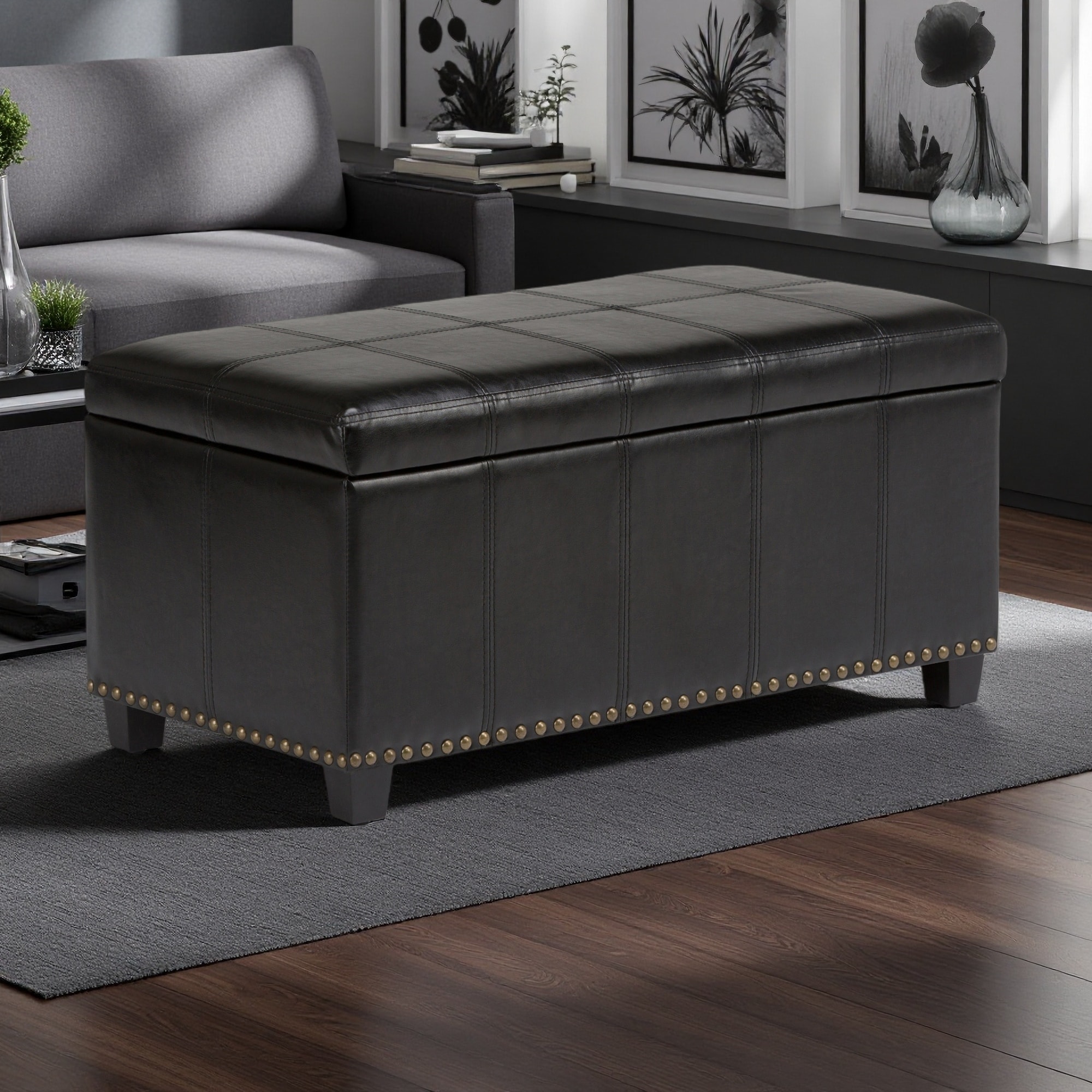33"L Storage Ottoman Bench, PU Vegan Faux Leather, Large Interior Storage, Foot Stool with Stitched Detail and Nailhead Trim