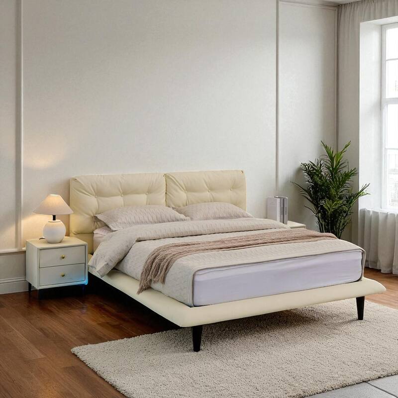 Queen Floating Upholstered Platform Bed Frame with LED Lights, PU Leather, Button Tufted Headboard, No Box Spring