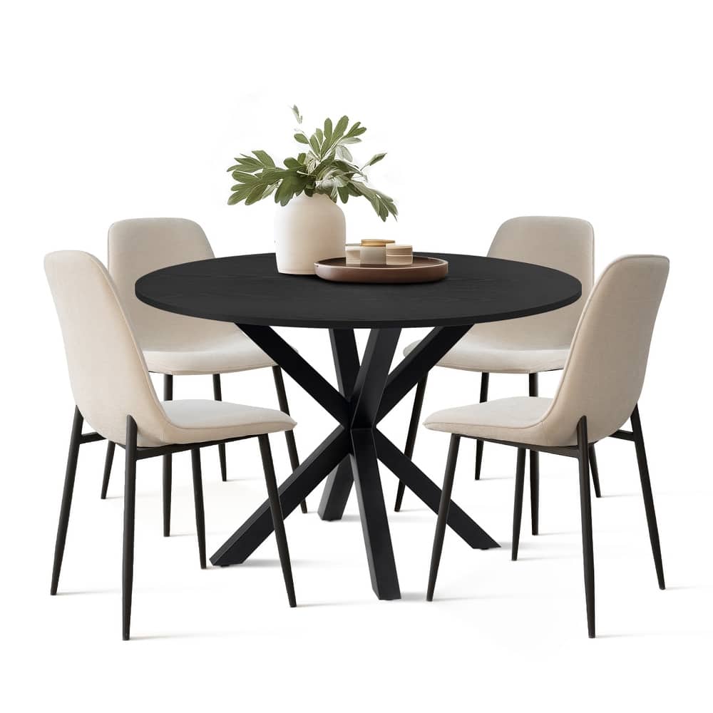Round Dining Table Set for 4 with Upholstered Chairs and Pedestal Base