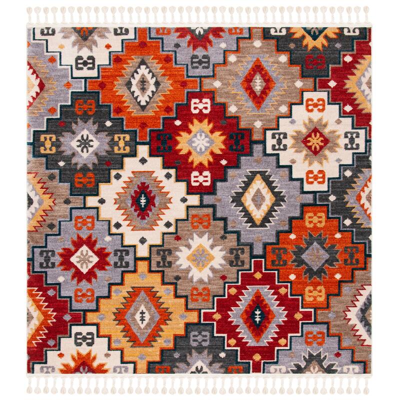 SAFAVIEH Farmhouse Palaghia Boho Tribal Polyester Rug - 6'3" Square - Grey/Red