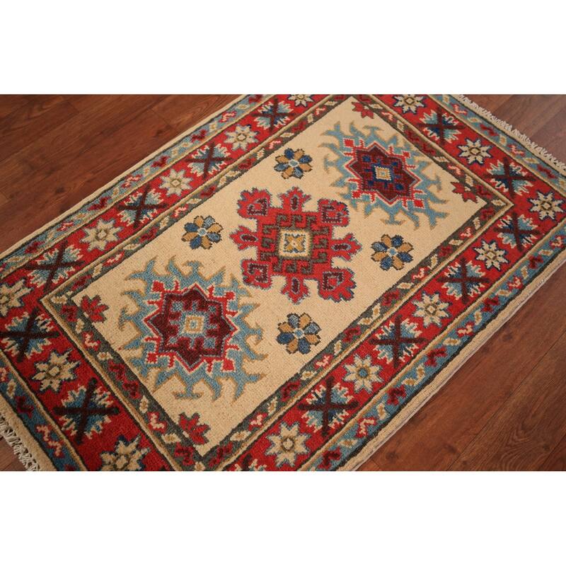 Geometric Kazak Foyer Rug Hand-Knotted Traditional Wool Carpet - 2'0" x 3'0"