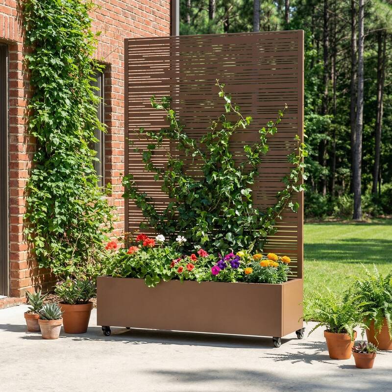 Raised Garden Bed Planter with Trellis Movable Planter Box with Lockable Wheels - 72*47 - Brown