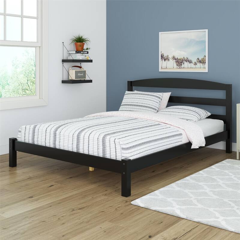 Solid Wood Platform Bed with Open Panel Headboard and Square Block Legs
