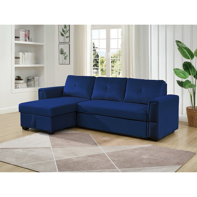 Velvet Reversible Sofabed Sectional Sofa & Chaise - 91" Wide - Blue