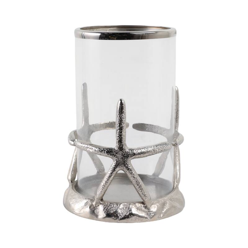 Aluminum Glass Pillar Candle Holder Starfish Design - 11" Silver - 7.5" x 7.5" x 11" - Silver - 7.5" x 7.5" x 11"