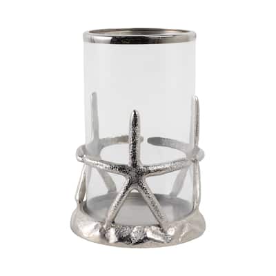 Aluminum Glass Pillar Candle Holder Starfish Design - 11" Silver - 7.5" x 7.5" x 11"