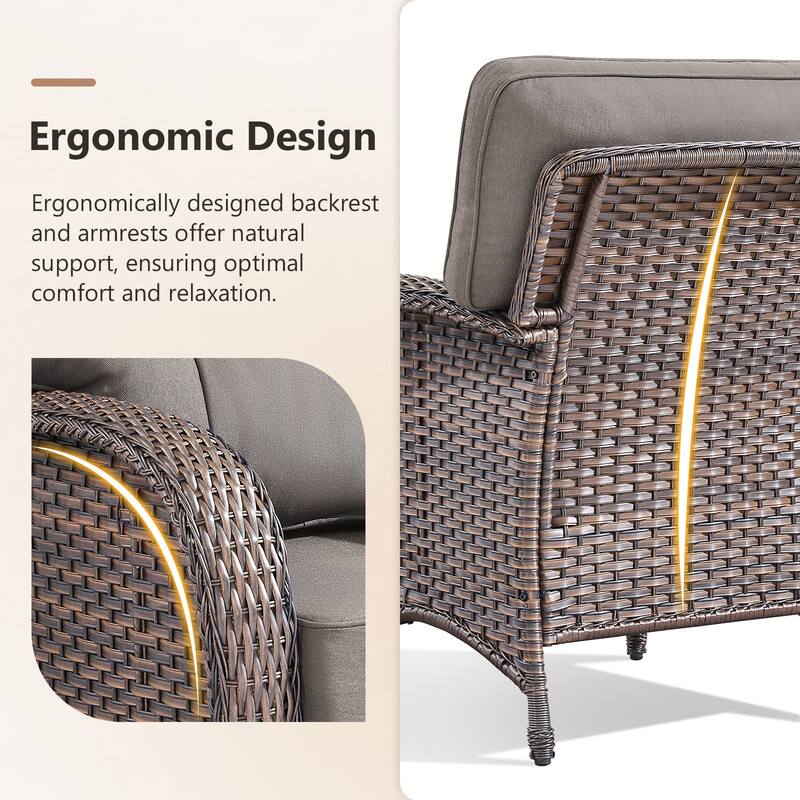 TWrap Brown Wicker Patio 3-Piece Sofa Set with 5-Inch Thick Cushions and 2 Ottomans