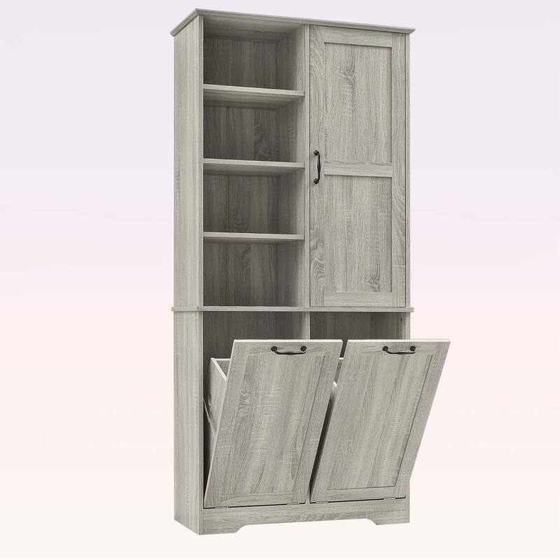 Bathroom Storage Cabinet with Doors, Drawers, Tilt-Out Laundry Hamper, and Adjustable Shelves, Oak Finish