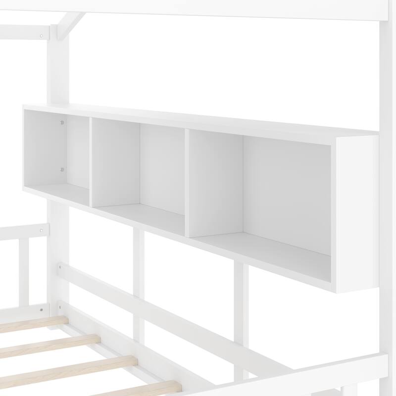 House Bed Frame for Toddler Floor Bed, Kids Montessori Bed with Storage Shelf and Round Window, Playhouse Bed with Roof Design