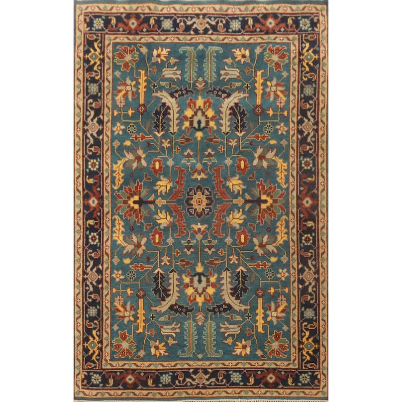 Hand-knotted Transitional Wool Carpet Blue Oushak Rug Floral Oriental Area Rug - 8' 9'' X 5' 11''