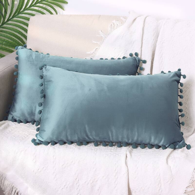 Pack of 2 Velvet Throw Pillow Covers with Pompoms Decorative Pillow Cases Fringe Cushion Covers Velvet Square Sham - Blue - 12 x 20 Inch