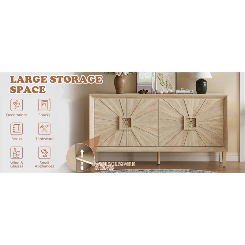 Roomfitters 60" Premium Farmhouse Credenza, Symmetrical Sunburst Door Design TV Stand with Adjustable Shelves