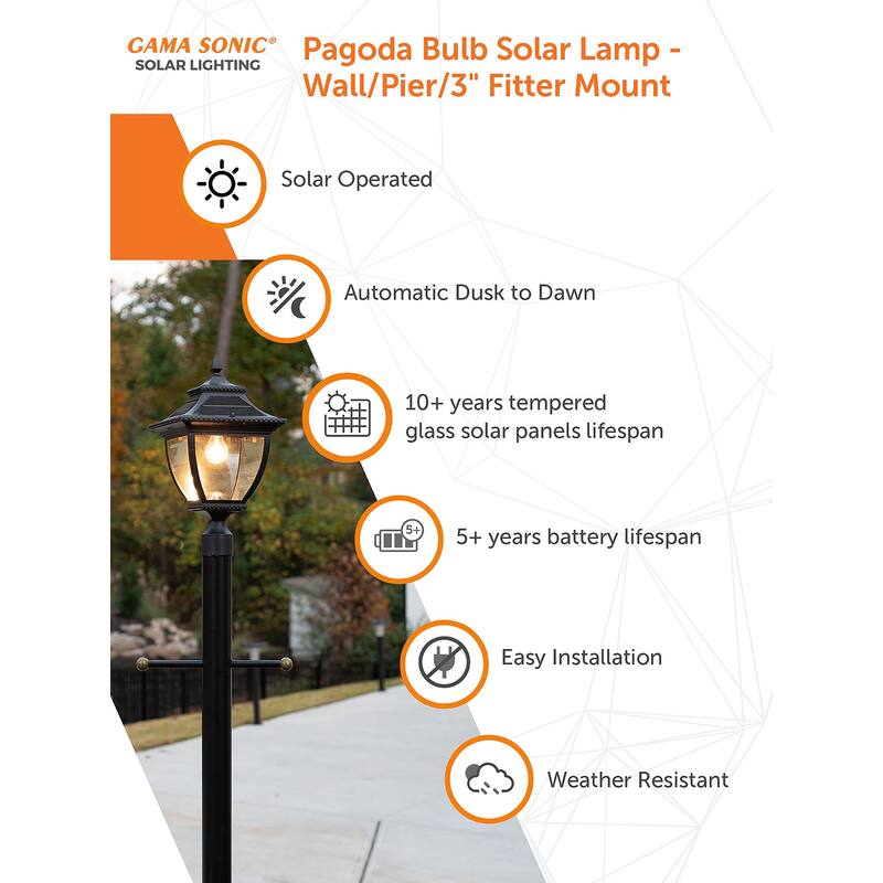 Pagoda Bulb Black Solar 3' Fitter Post Light with Pier or Wall Sconce