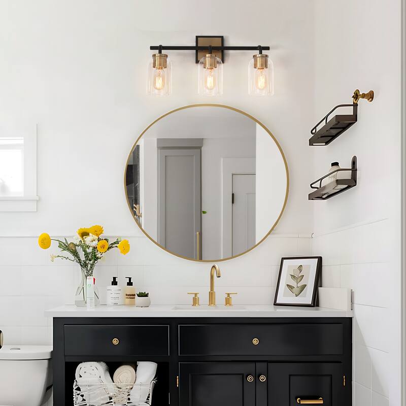 Modern Farmhouse Bathroom Vanity Light Black Gold Cylinder Glass Wall Sconce