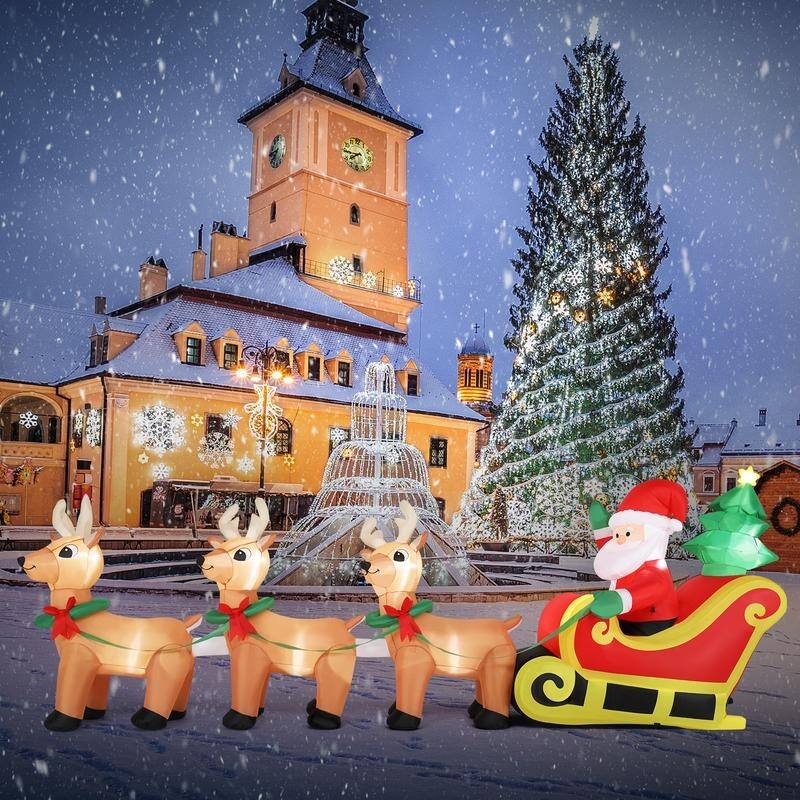 10Ft Long Blow Up Christmas Santa Claus Sleigh & Reindeer Outdoor Inlflatable Decorations - N/A
