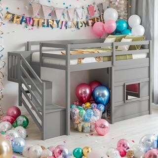 Elegant & Playful Design Twin Size Loft Bed with Storage Staircase and Window, Sturdy Construction & Safety Guaranteed, Grey
