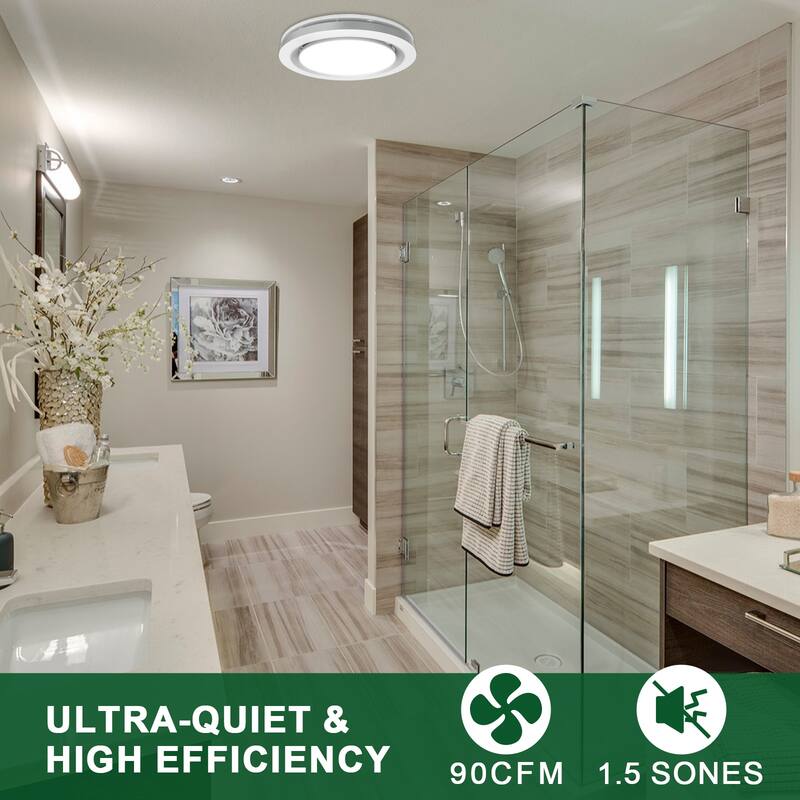 Akicon Bathroom Fan with Light, 90 CFM, 1.5 Sones Exhaust Fan,18W Dimmable 3CCT LED Light with 5W Night Light - N/A
