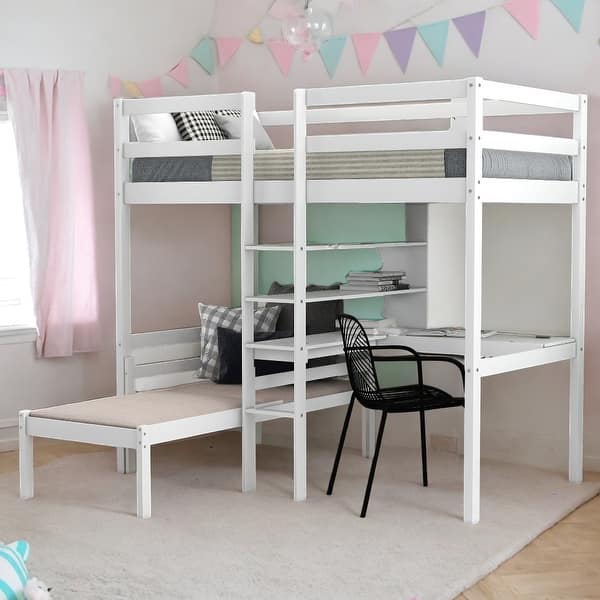 slide 2 of 13, Twin Bunk Bed with Shelves and Ladder,Convertible Loft Bed with L-Shape Desk,Easy Assembly,White White