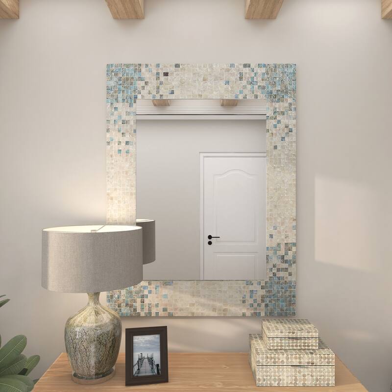 Cream Mother of Pearl Shell Handmade Mosaic Room Wall Mirror with Blue Corners