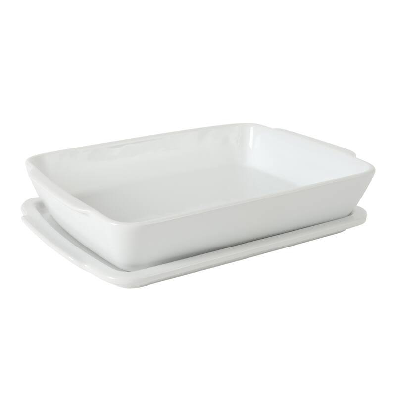 Gibson Home Gracious Dining 2.6Qt with Lid or 2.5Qt White Stoneware Baking Dish with Multi-Purpose Lid - Rectangular - 10" x 6" with Lid